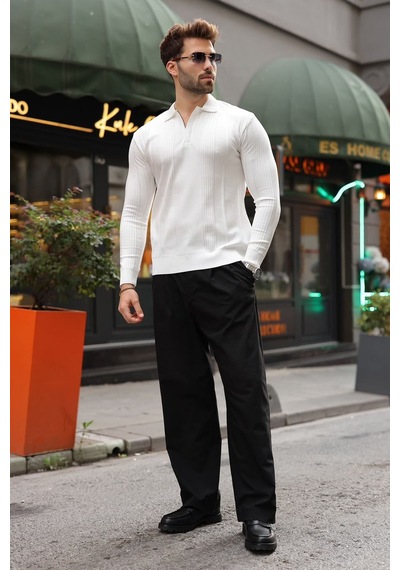Madmext Beyaz Polo Yaka Slim Fit Erkek Triko Kazak E7527
