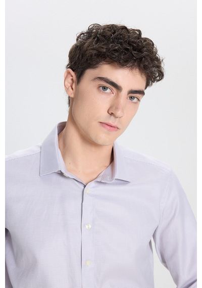 Ac&Co / Altınyıldız Classics Erkek Grı Beyaz %100 Pamuk Slim Fit Dar Kesim Klasik Yaka Kareli Gömlek
