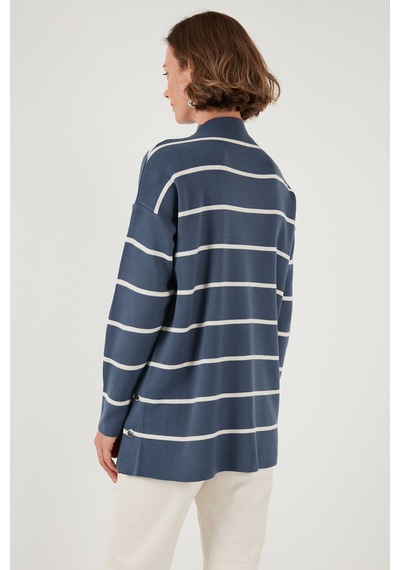 Lela Çizgili Dik Yaka Onesize Triko Bayan Kazak 4615197Y Indigo-Krem