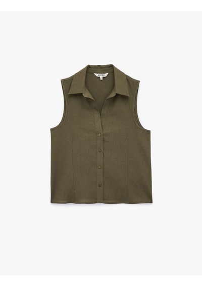 Koton Düğmeli Slim Fit Kolsuz Keten Gömlek Haki 6sak60446pw