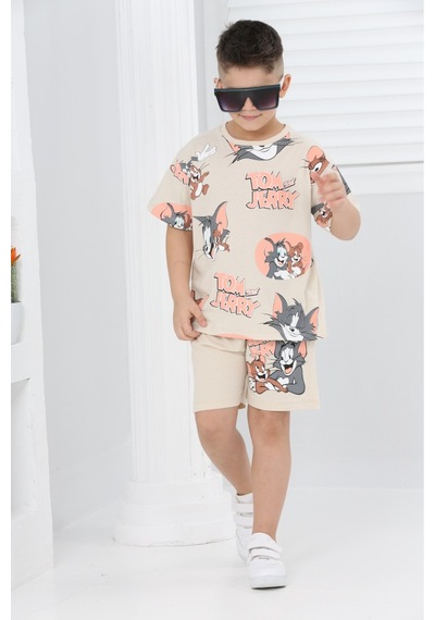 Veramoni Unisex Tom&jery Baskılı Kısa Kollu Şortlu İkili Takım Krem