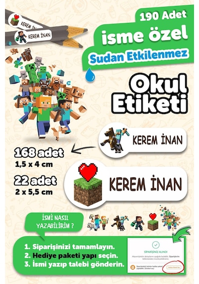 Okul Etiketi Kalem Defter İsimli Etiket Isim Yazılabilen Minecraft - 190 Adet Özel Yeni Tasarım