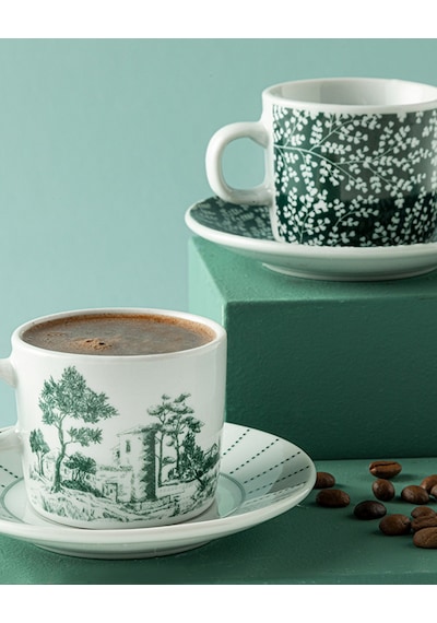 English Home Dear Porselen 4 Parça 2 Kişilik Kahve Fincan Takımı Koyu Yeşil