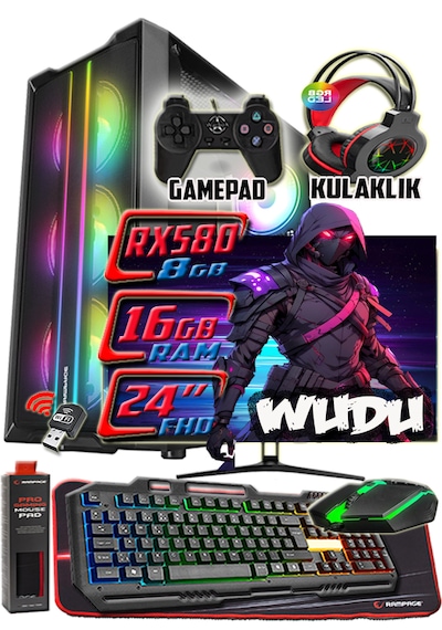 Warbox Wudu i3-9100 16 GB 256 GB SSD 250 GB HDD RX580 8 GB 24"Masaüstü Oyuncu Bilgisayarı