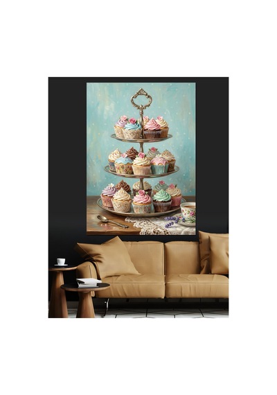 Üç Katlı Renkli Cupcake Standı Yağlı Boya Dokulu Kanvas Tablo Canvas Tablosu
