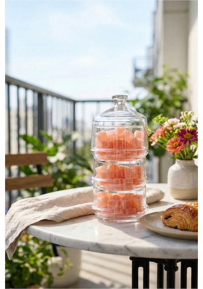 Lav Berry Cam Şekerlik Tekli 285 ml Cam Kapaklı (3 Katlı Sunumluk)