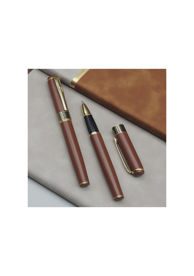 Taba Rengii Gold Detaylı Termo Deri Defter Ve Metal Roller Kalem Hediiye Seti 3h