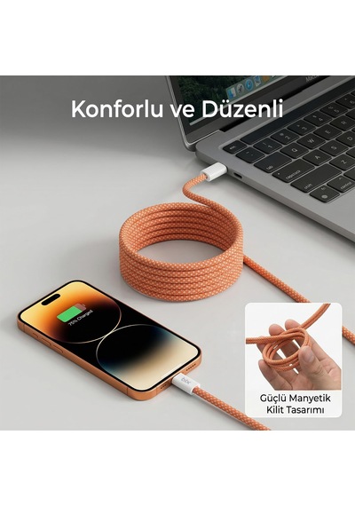 T4cc 65w Usb-c To Usb-c Manyetik Tasarımlı Örgülü Hızlı Şarj Ve Data Kablosu 1 Metre Beyaz