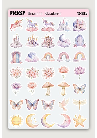 Sevimli Pastel Unicorn Sticker Seti - Prenses Sticker - Tek Boynuzlu At - 55 Adet Etiket Çıkartma Diğer