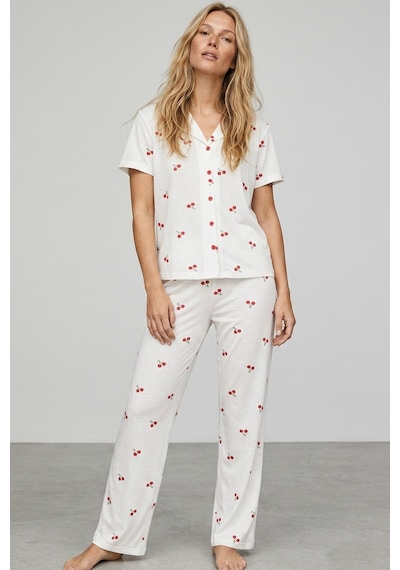 Siyah İnci İnce Soft Örme Mevsimlik Düğmeli Pijama Takımı 8002 Kiraz