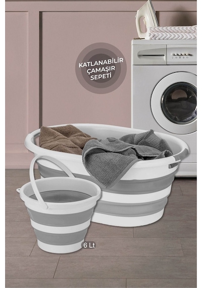 2'li Katlanabilir Temizlik Seti Middle - Katlanır Sele Çamaşır Sepeti Akordiyon Su Kovası Gri
