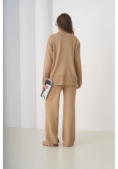 Park Karon Kadın Polo Yaka Yırtmaçlı Oversize Kazak Palazzo Pantolon Triko Alt-üst Takım Camel