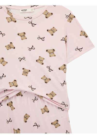 Koton Desenli Kısa Kollu Bisiklet Yaka Şortlu Pijama Takımı Bej Desenli 6slk40121mk Ekru