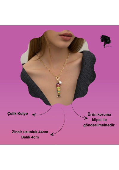 Renkli Balık Figürlü Hareketli Çelik Kolye Gold