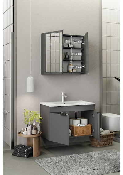 Biani Fix Loft 85 Cm Banyo Dolabı,Seramik Lavabolu, Aynalı,Lavabo Dahil,Mdf,Mat Gri Biani Fix Loft 85 Cm Banyo Dolabı,Seramik Lavabolu, Aynalı,Lavabo Dahil,Mdf,Mat Gri