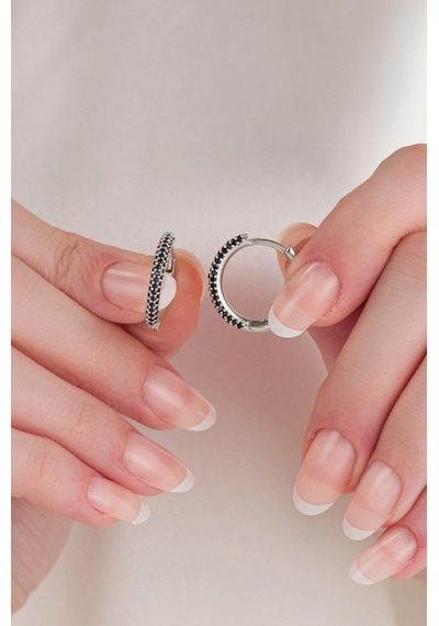 20 Mm Gümüş Siyah Zirkon Taşlı Halka Küpe
