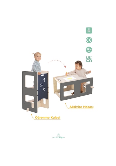 Flip Gri 3'ü 1 Arada Öğrenme Kulesi & Aktivite Masası & Yazı Tahtası Gri