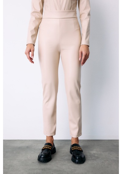 Sateen Yüksek Bel Deri Pantolon - Taş-135286 Taş