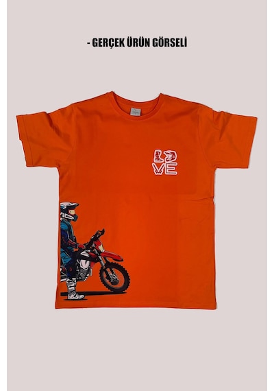 Cross Motor Enduro Ekipmanları Göğüs Ve Yan Detay Baskılı Regular Fit %100 Pamuk Turuncu T-shirt Turuncu