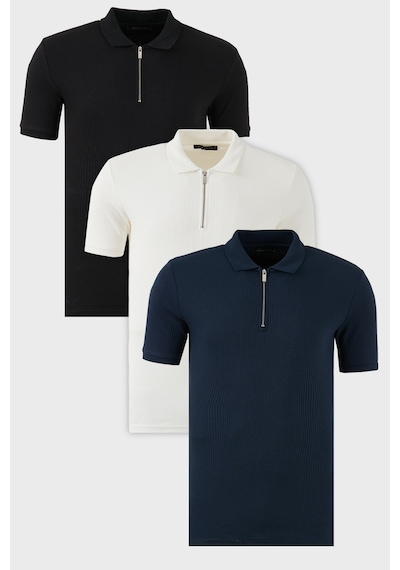 Buratti Pamuklu Regular Fit Yarım Fermuarlı 3'Lü Paket Erkek Polo Yaka T Shirt 5902738S3 Siyah-Ekru-Indigo