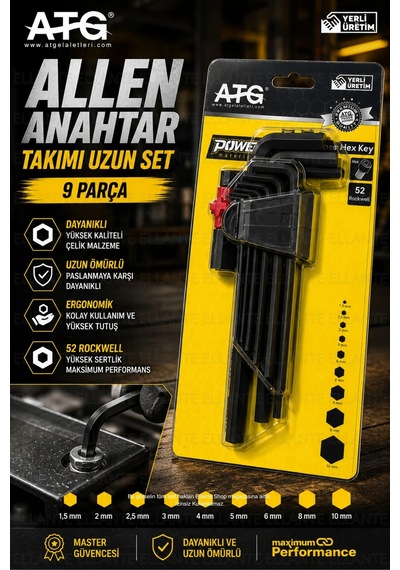 Atg Alyan Anahtar Takımı Uzun Set 9 Parça 1.5-10 Mm Alyan Seti 52 Hrc Çelik Profesyonel El Aleti