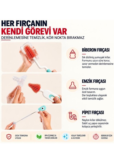 3'lü Dinazor Biberon Temizleme Fırça Seti Silikon Biberon, Emzik Ve Pipet Fırçası Yeşil