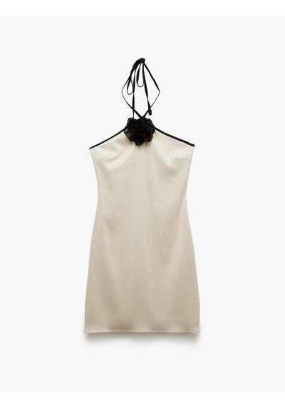 Koton Mini Bağlamalı Yaka Gül Detaylı Bodycon Payetli Elbise Kırık Beyaz 5sak80004fw Ekru