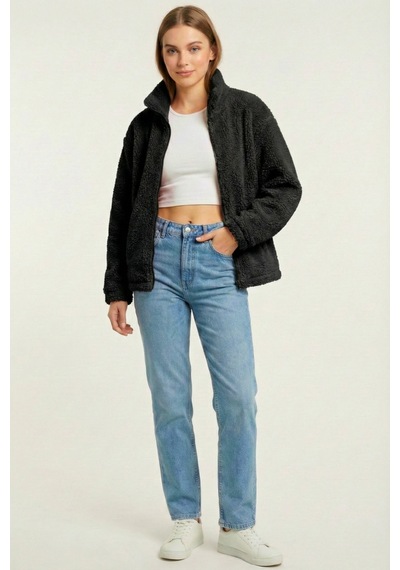 Kadın Peluş Tam Fermuarlı Cepli Sherpa Kuzu Kumaş Oversize Peluş Polar Sweatshirt Siyah Kadın Peluş Tam Fermuarlı Cepli Sherpa Kuzu Kumaş Oversize Peluş Polar Sweatshirt Siyah