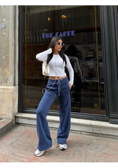 Out Of Standart Kadın Wide-leg Kalıp Beli Lastikli Kordon Detaylı Eşofman Altı İndigo