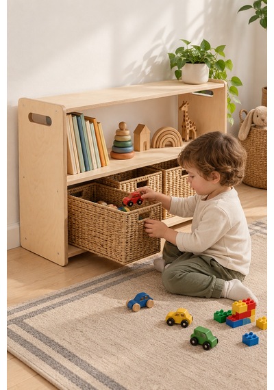 Vecta Montessori Huş Ahşap Oyuncak Dolabı Ve Çocuk Kitaplığı 2 Katlı, Çift Taraflı Açık Raf