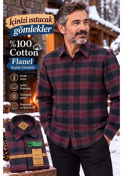 Eren Style Flanel Kışlık Pamuklu Tek Cepli Düğmeli Yaka Gömlek Regular Kalıp Bordo