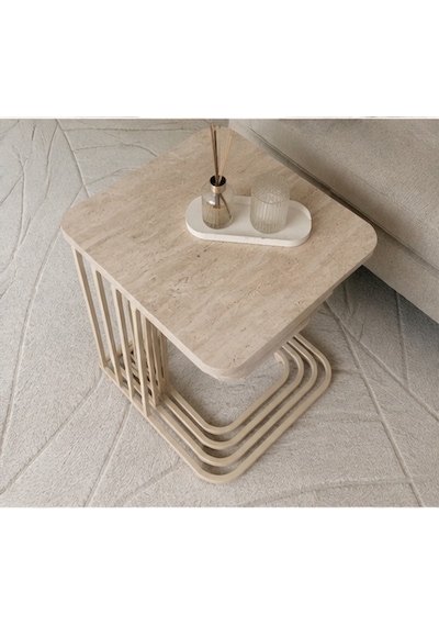 4'lü Tekerlekli Zigon Sehpa Krem Ayak Traverten 18mm Mdf Krem Traverten