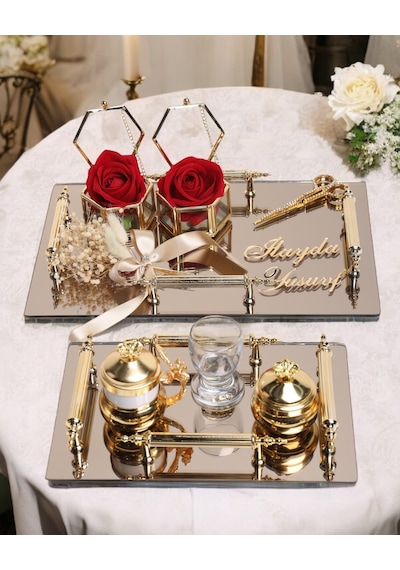 Reverence Gold Söz Tepsisi Ve Damat Tepsisi Seti Bronz Bronz