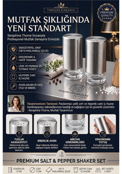 Lüks Paslanmaz Çelik İçi Cam 2'li Tuzluk Biberlik Seti - Modern 18/10 Endüstriyel Baharatlık Takımı 723492 Diğer
