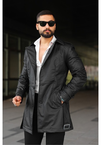 İçi Kürklü Slim Fit Uzun Deri Ceket Siyah Deri Krkl