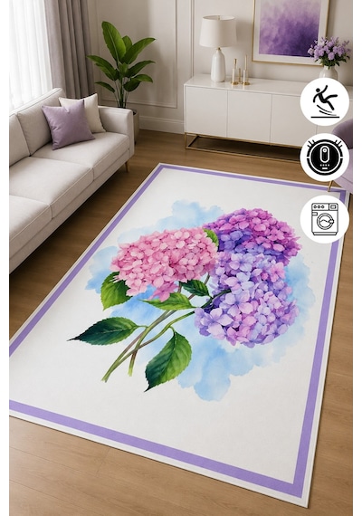 Ortanca Çiçekli Dijital Baskılı Halı Kaymaz Taban Yıkanabilir Salon Oturma Odası Halısı Yolluk Mor