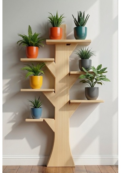 Woodtrend Ağaç Formlu 7 Raflı Ahşap Çiçeklik Sak Sılık - 120 Cm Kitaplık & Dekoratif Raf Bej