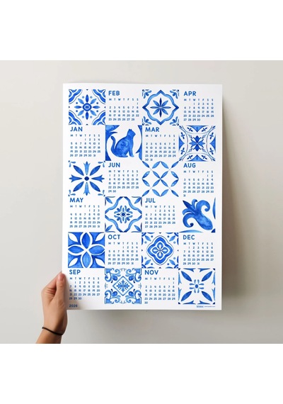 2027 Azulejo Duvar Takvimi Portekiz Mavi Karo Sanatı Suluboya Akdeniz Desenleri