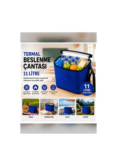 11 Litre Termal Beslenme Çantası Isı Yalıtımlı Sıcak Soğuk Tutucu Termos Yemek Taşıma Okul Piknik Kamp Çantası-mavi .