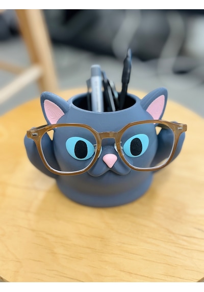 Kedi Tasarımlı Gözlük Ve Kalemlik Standı Çok Amaçlı Masaüstü Organizer 17x12x12cm Gri