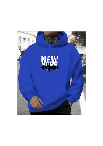 Herkesemoda Newyork Baskılı Kapşonlu Mavi Sweatshirt Mavi