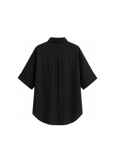 Vadon 1030 Kadın Pamuklu Çizgili Hafif Transparan Kısa Kollu Oversize Gömlek Siyah