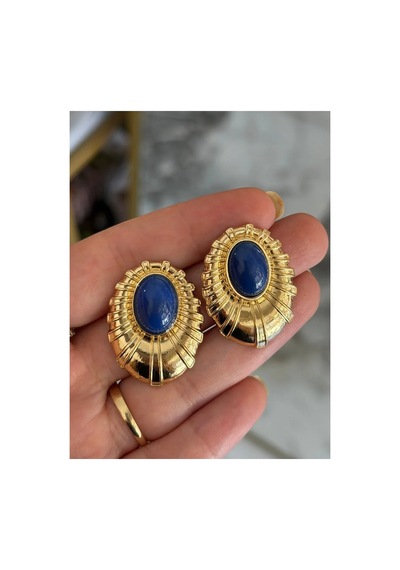 Vintage Model Mavi Taş Ve Gold Çerçeveli Küpe Altın