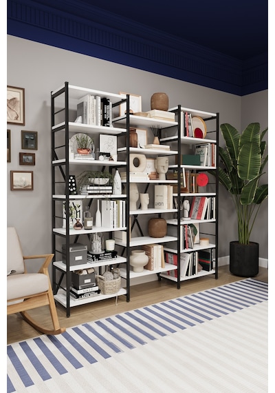 Asra Trend 6 Raflı Metal Kitaplık METALK03 %100 MDF Üç Modüllü Geniş Kütüphane Beyaz