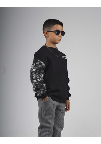 King-Brich Kingbrich Kids Bisiklet Yaka Kolu Garnili Baskılı Çocuk Sweatshirt SIYAH