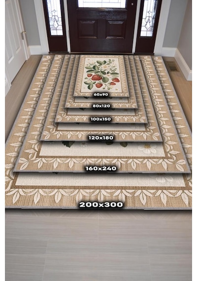 Homshtag Art Deco Çilek Desenli Halı Bitki Temalı Krem Renk Modern Çilek Desenli Dijital Baskı Halı Çok Renkli