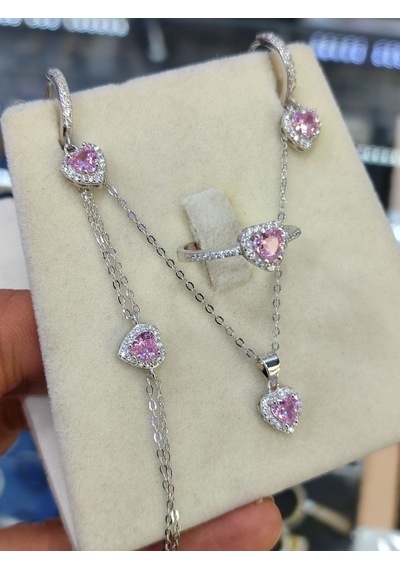 925 Ayar Gümüş Pembe Kalpli 4 'lü Gümüş Set, Kolye, Küpe, Yüzük V