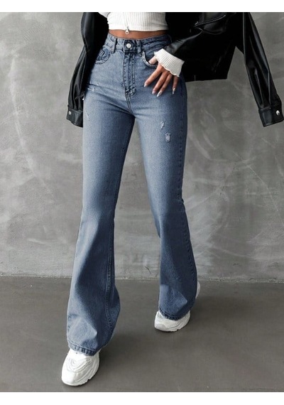 Herton Yüksek Bel İspanyol Paça Jean Pantolon - Eskitme Detaylı Full Pamuklu Flare Denim Bebe Mavi