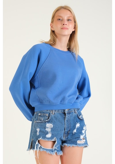 Giyim Dünyası Kadın 3 İp Şardonlu Sıfır Yaka Oversize Sweatshirt Mavi 001