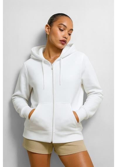 Kadın Fermuarlı Kapüşonlu Cepli İçi Polarlı Sweatshirt Beyaz